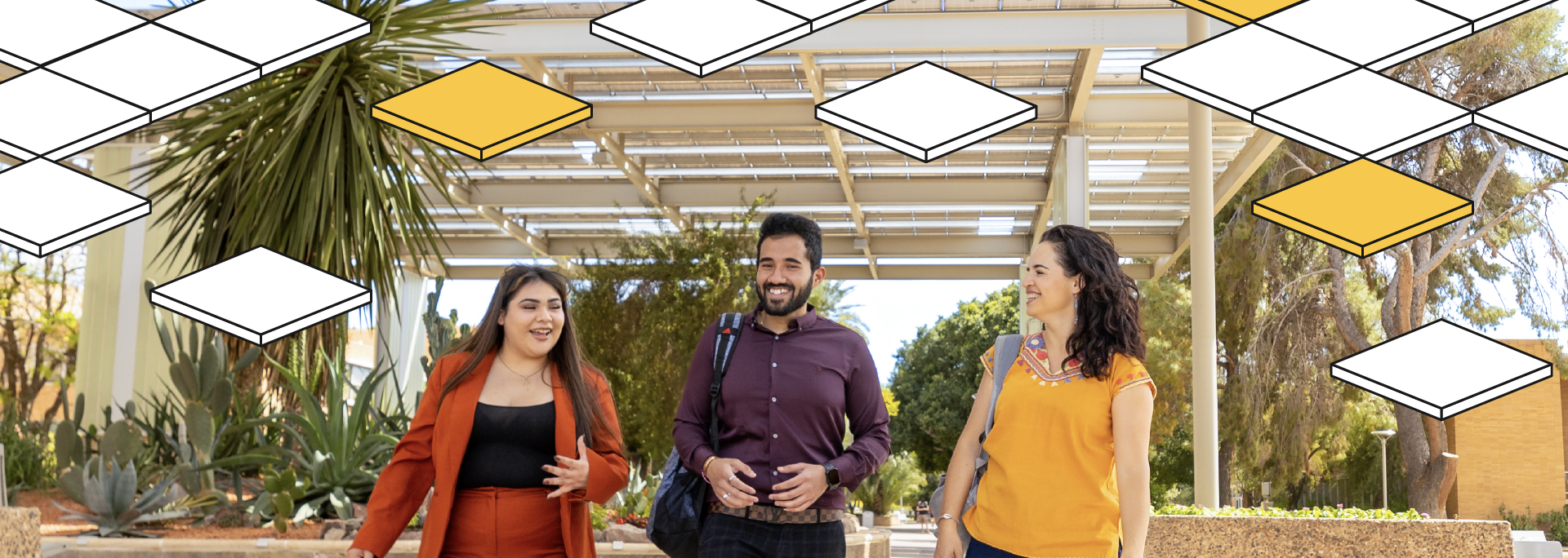 White and gold tiles overlaying a picture of three graduate students walking outdoors through Tempe campus.